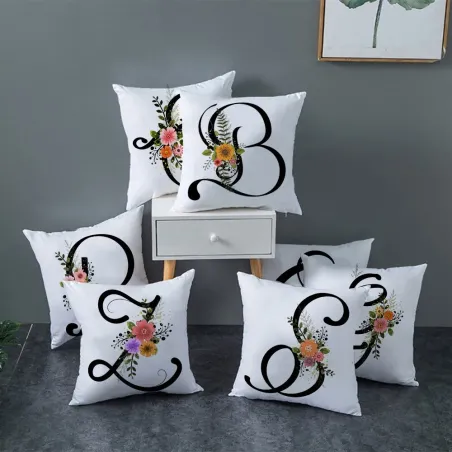 Housse de coussin déco blanche - alphabet anglais noir / fleurs - 45*45 cm