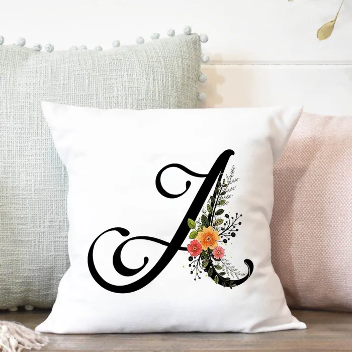 Housse de coussin déco blanche - alphabet anglais noir / fleurs - 45*45 cm