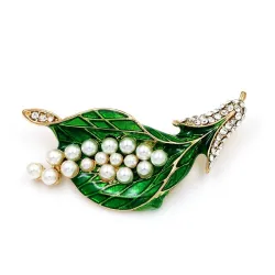 Feuille verte / perles / cristaux - broche élégante