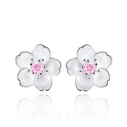 Fleur de cerisier avec zircone rose - boucles d'oreilles - argent sterling 925