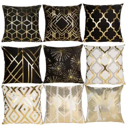 Housse de coussin blanc/noir - motif géométrique doré - 45cm * 45cm