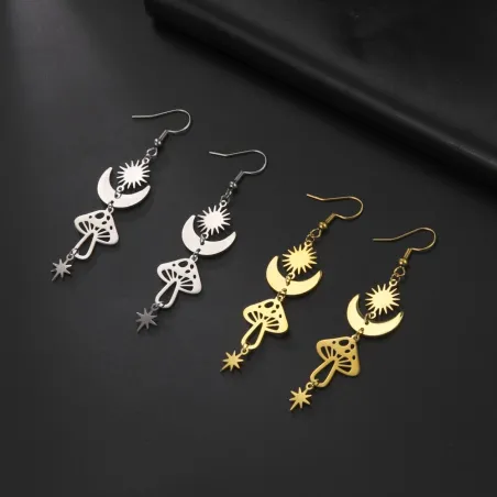 Boucles d'oreilles longues tendance - champignon / étoiles / lune