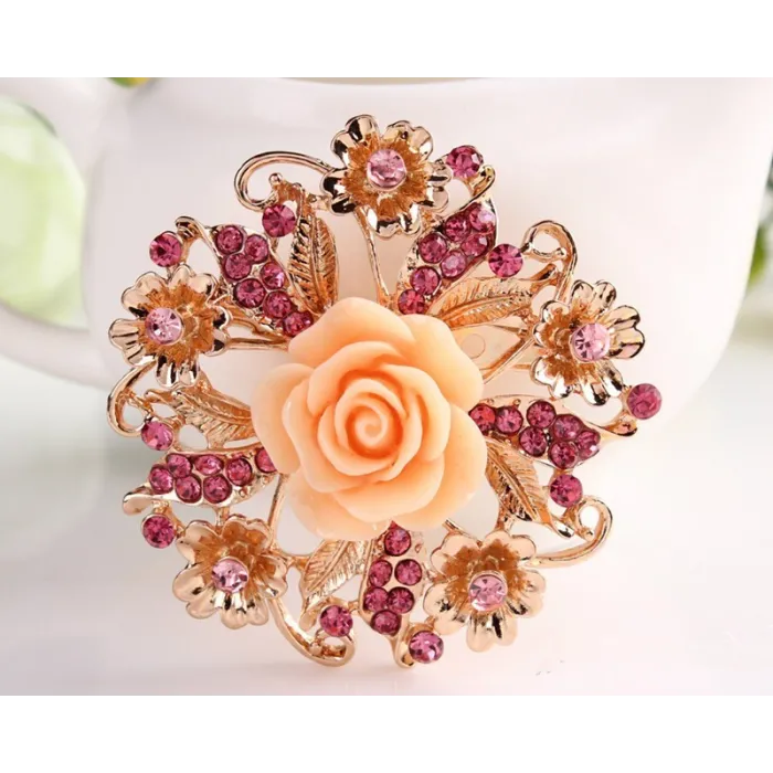 Fleur rose en résine avec cristaux - broche broche