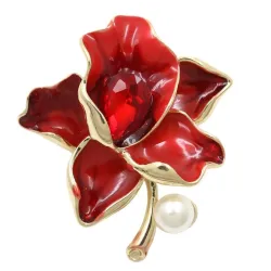 Fleur avec cristal / perle - broche dorée
