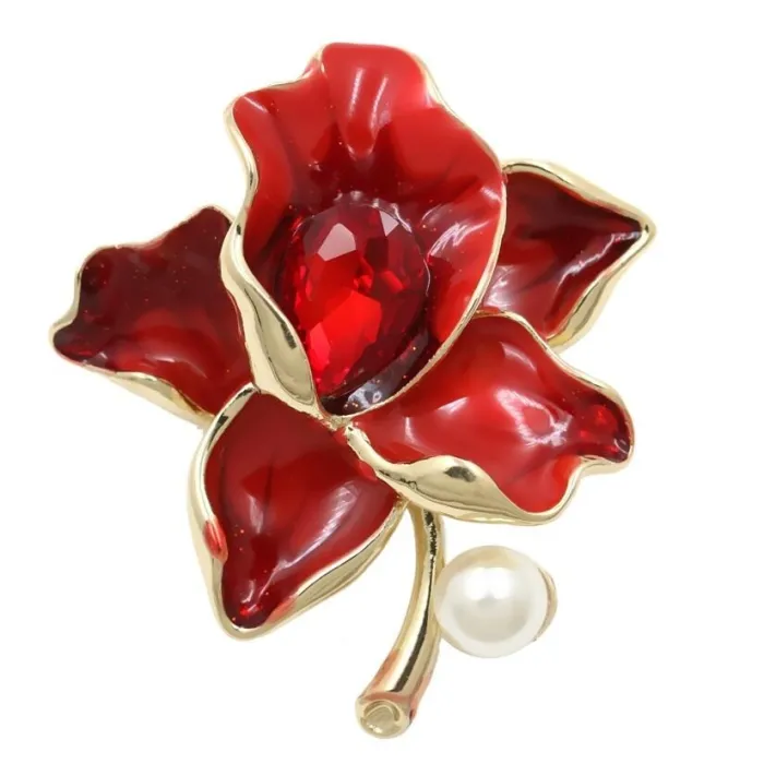 Fleur avec cristal / perle - broche dorée