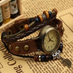Bracelet en cuir multicouche vintage - avec montre à quartz / perles