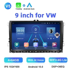 Autoradio - 2 Din - 9 pouces - Android 10 - 4Go - 64Go - Bluetooth - GPS - carplay - pour Volkswagen Golf 5 6 Passat