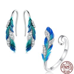 Ensemble de bijoux élégants - boucles d'oreilles - bague - plume bleu-vert avec cristaux - argent sterling 925