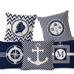 Housse de coussin bleu déco - océan / bateau / gouvernail - 45cm * 45cm