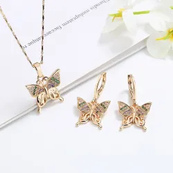 Parure de bijoux dorée - avec papillons - boucles d'oreilles / collier