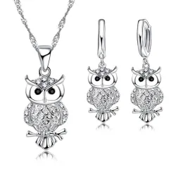 Parure de bijoux en argent avec hiboux - collier / boucles d'oreilles