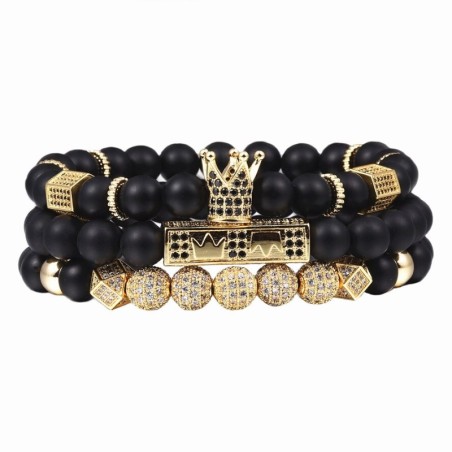 Bracelet perles noires avec une couronne - 3 pièces