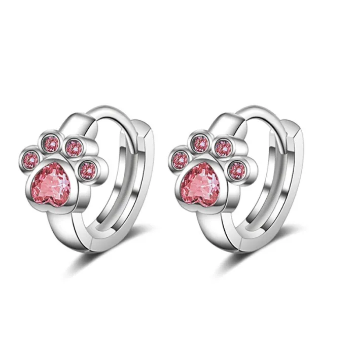 Boucles d'oreilles créoles en argent - motif patte de chat en cristal