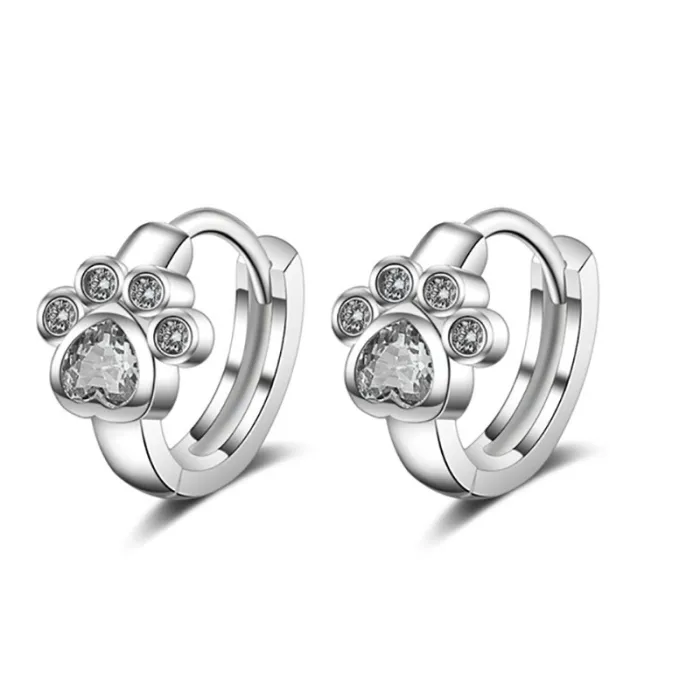 Boucles d'oreilles créoles en argent - motif patte de chat en cristal