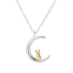 Pendentif croissant de lune / lapin doré - collier argent