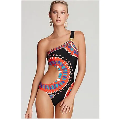 Maillot de bain une pièce noir - motif coloré - une épaule / côté découpé