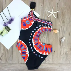 Maillot de bain une pièce noir - motif coloré - une épaule / côté découpé