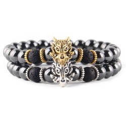 Pierre naturelle - perles noires - bracelet - métal loup / chouette / bouddha