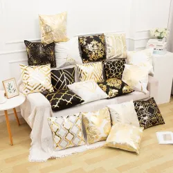 Housse de coussin déco - feuilles dorées / motif géométrique - 45cm * 45cm