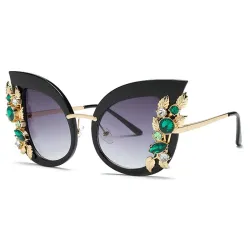 Lunettes de soleil œil de chat à la mode - feuilles décoratives / cristaux