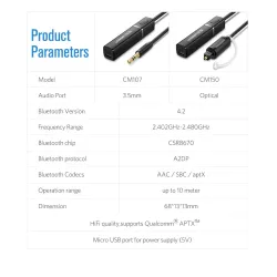 Ugreen - 4.2 pour casque TV PC APTX 3.5mm Aux - Bluetooth 5.0 - adaptateur - transmetteur