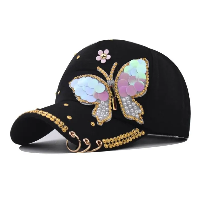 Fashionable baseball cap - crystals - pearls - sequins - butterflyHats & Caps