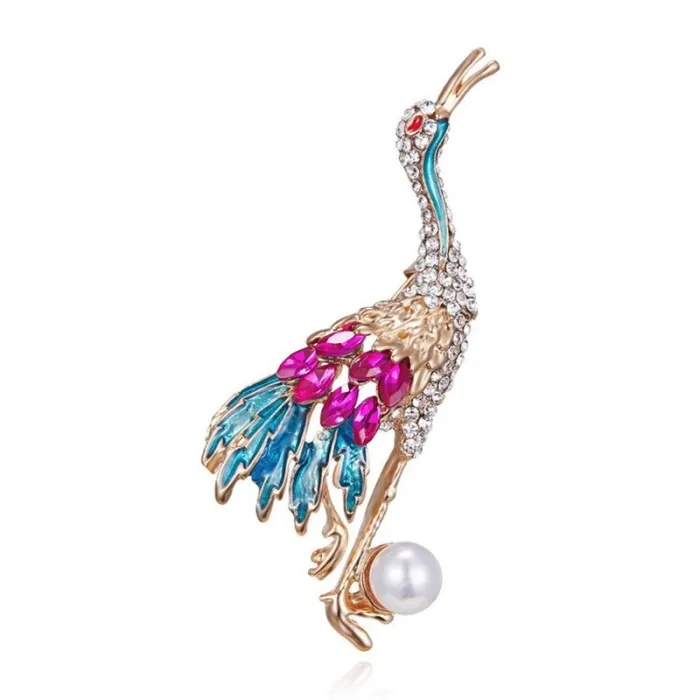 Grue en cristal avec perle - broche