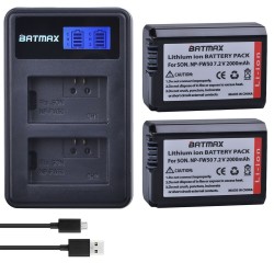 Batterie pour appareil photo 2000mAh NP-FW50 NP FW50 - Double chargeur LCD USB - pour Sony Alpha a6500 a6300 a6000 - 2 pièces