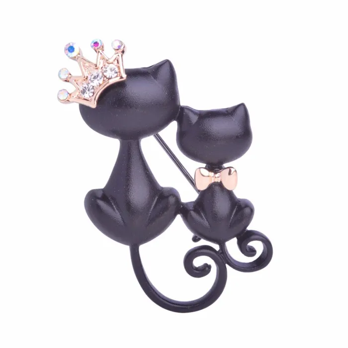 Chat mère et fille - couronne de cristal - broche