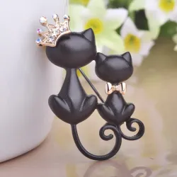 Chat mère et fille - couronne de cristal - broche