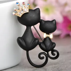 Chat mère et fille - couronne de cristal - broche