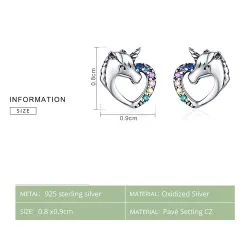 Licorne en cristal en forme de coeur - boucles d'oreilles argentées