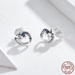 Licorne en cristal en forme de coeur - boucles d'oreilles argentées