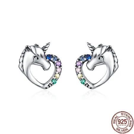 Licorne en cristal en forme de coeur - boucles d'oreilles argentées