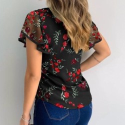 Elegant mesh blouse - floral / butterflies embroidered - short sleeveBlouses & shirts