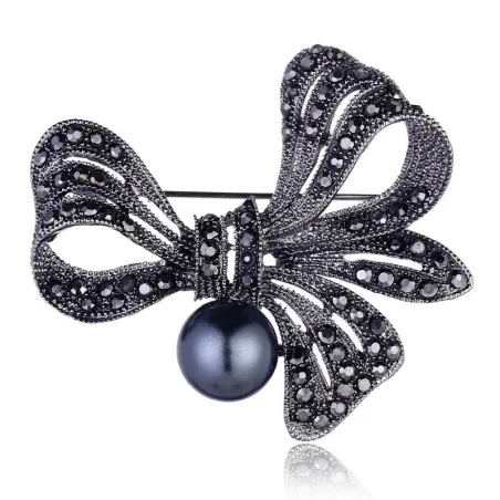 Broche fleur en cristal - avec perle noire
