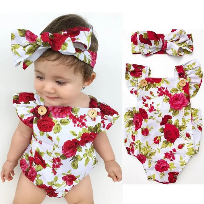 Combinaison bébé fille fleurie & bandeau - ensemble coton - 2 pièces