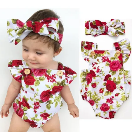 Combinaison bébé fille fleurie & bandeau - ensemble coton - 2 pièces