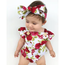 Combinaison bébé fille fleurie & bandeau - ensemble coton - 2 pièces