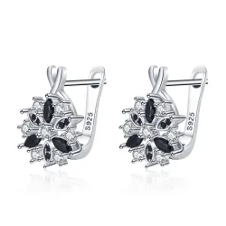 Boucles d'oreilles élégantes en argent - avec fleur en cristal blanc/noir