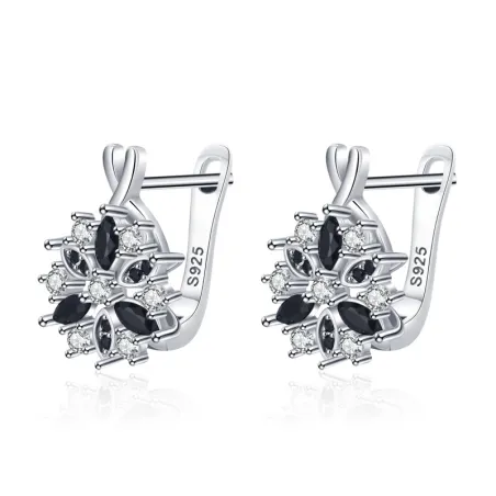 Boucles d'oreilles élégantes en argent - avec fleur en cristal blanc/noir