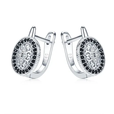 Boucles d'oreilles rondes élégantes en argent - cristaux blancs/noirs