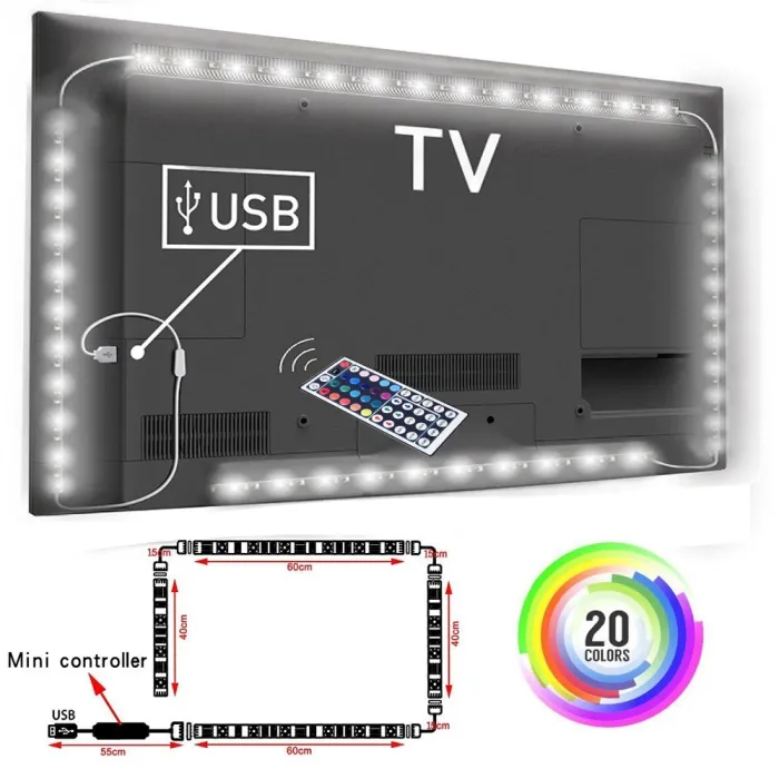 Bande lumineuse de fond TV - LED - RGB - Connexion USB - avec télécommande