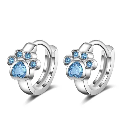 Petites boucles d'oreilles rondes en argent - patte d'animal cristal bleu