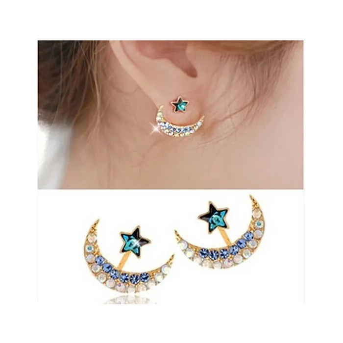 Lune / étoile en cristal bleu - boucles d'oreilles clous