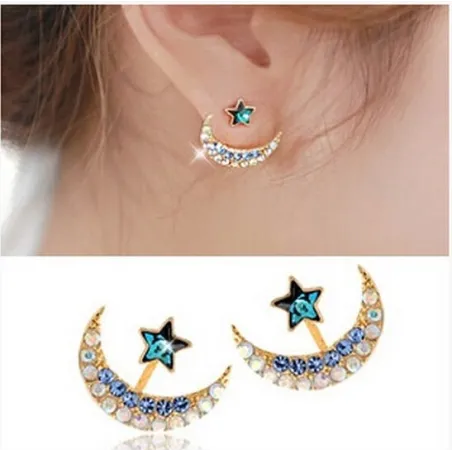 Lune / étoile en cristal bleu - boucles d'oreilles clous