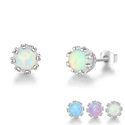 Petites boucles d'oreilles clous avec opale ronde - Argent sterling 925