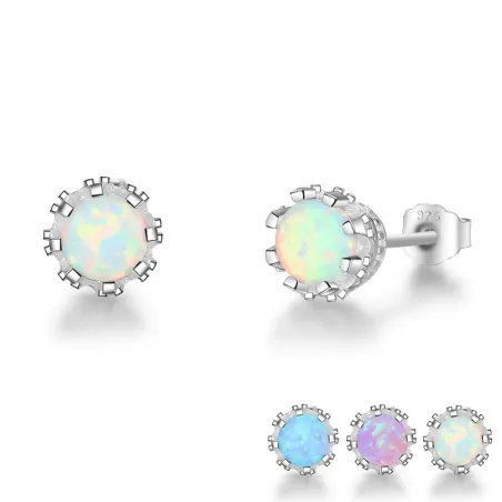Petites boucles d'oreilles clous avec opale ronde - Argent sterling 925