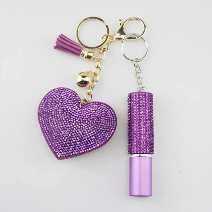 Porte-clés cœur diamant - avec cordon tendance et mini flacon de parfum