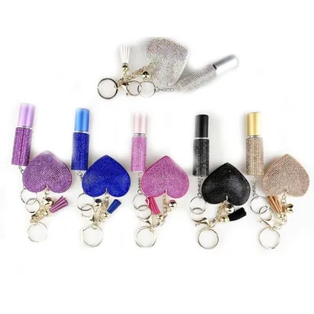 Porte-clés cœur diamant - avec cordon tendance et mini flacon de parfum